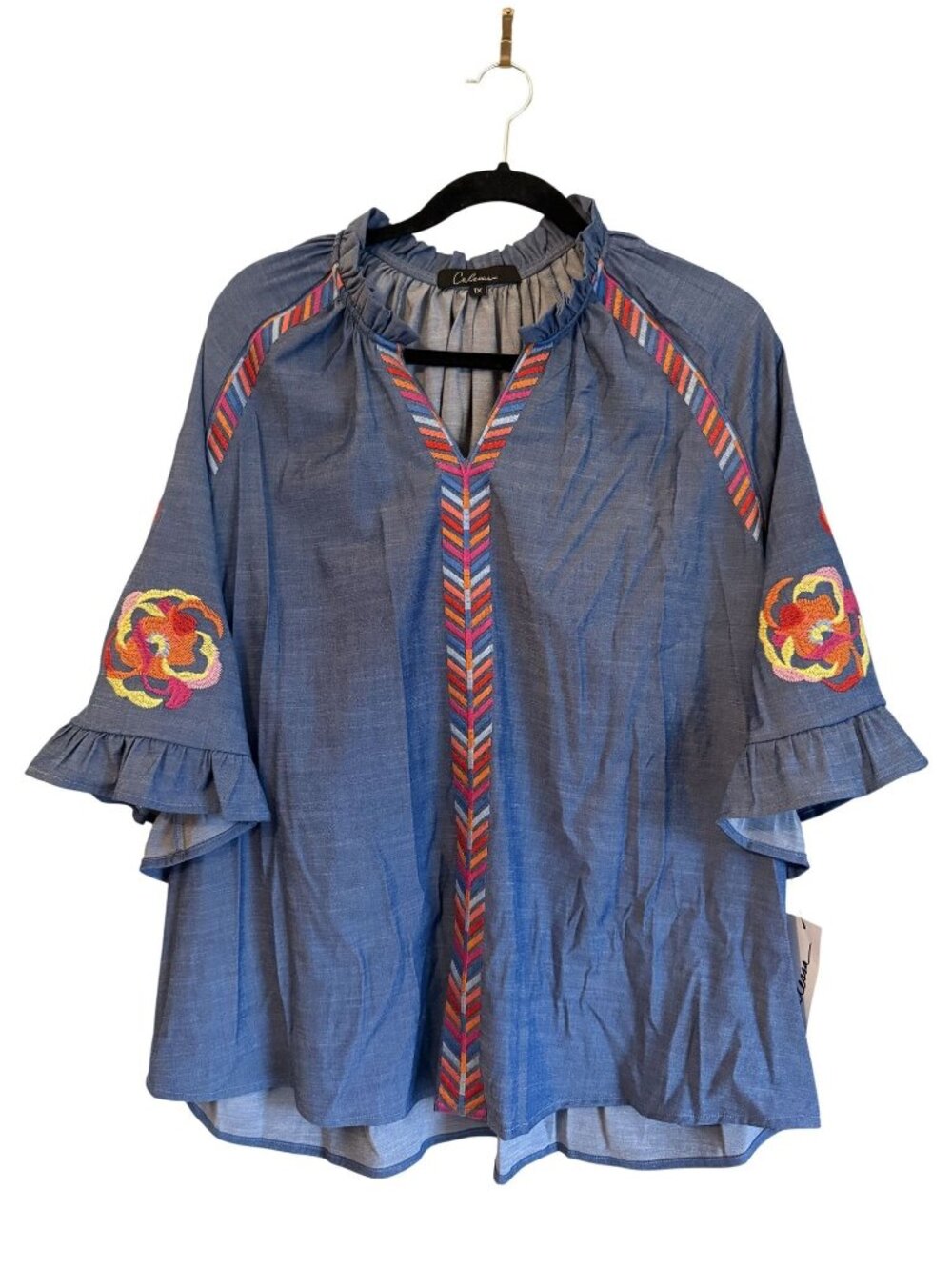 NWT Calessa Embroidered V neck Puff Sleeve Tunic Shirt Blue Size 1X $79 [jb]